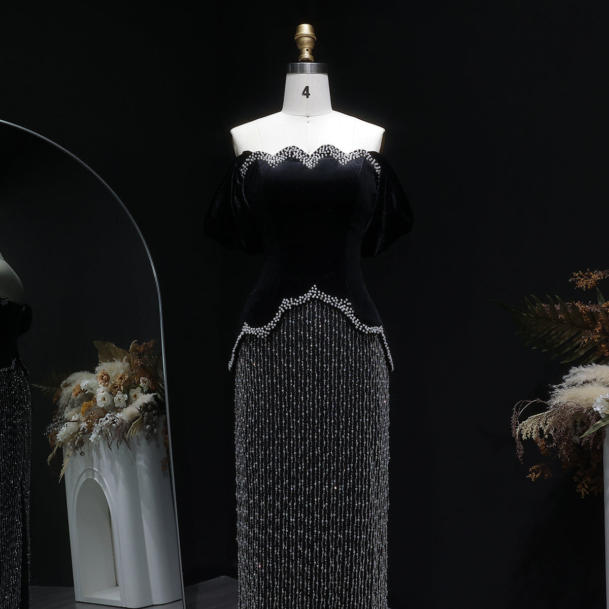 Luxury Black Off Shoulder Sequin Pearl Evening Dress SS615 