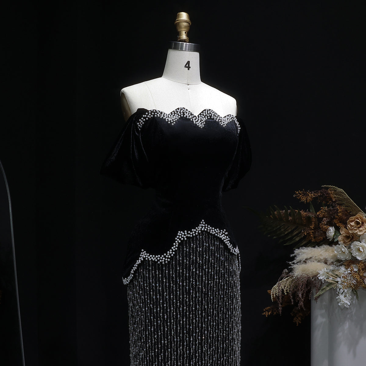 Luxury Black Off Shoulder Sequin Pearl Evening Dress SS615 