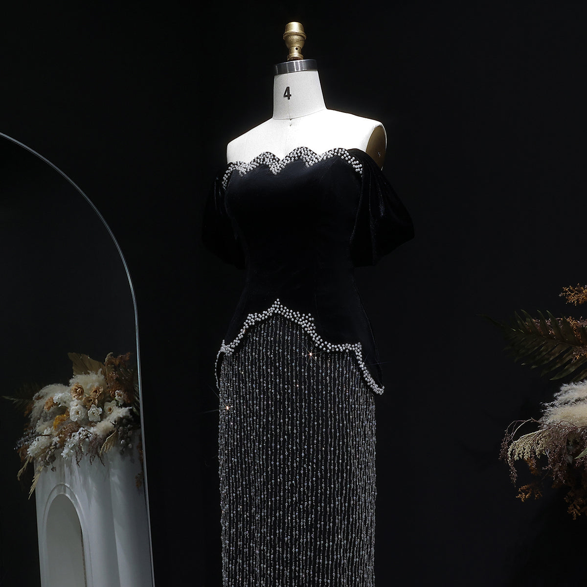 Luxury Black Off Shoulder Sequin Pearl Evening Dress SS615 