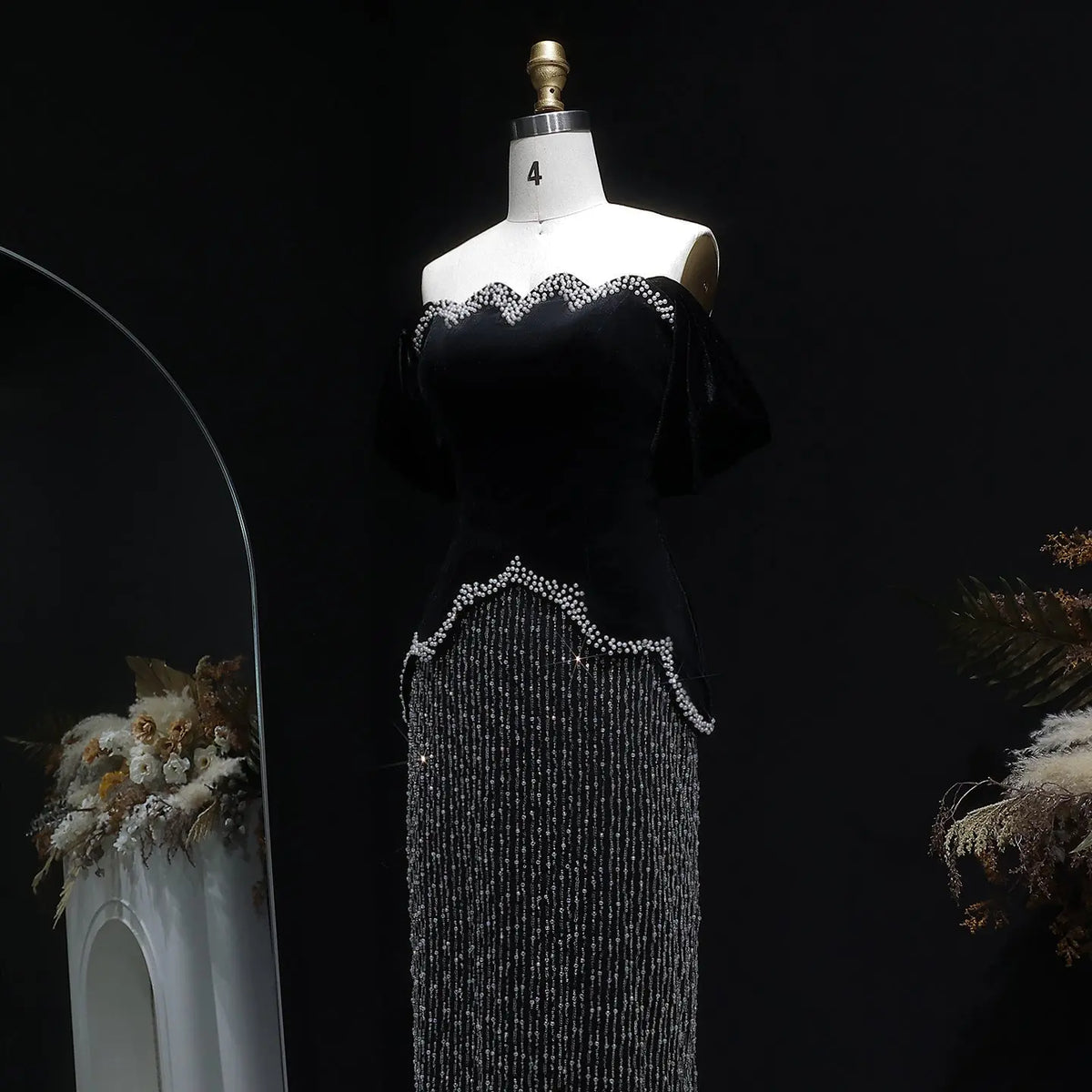 Luxury Black Off Shoulder Sequin Pearl Evening Dress SS615 
