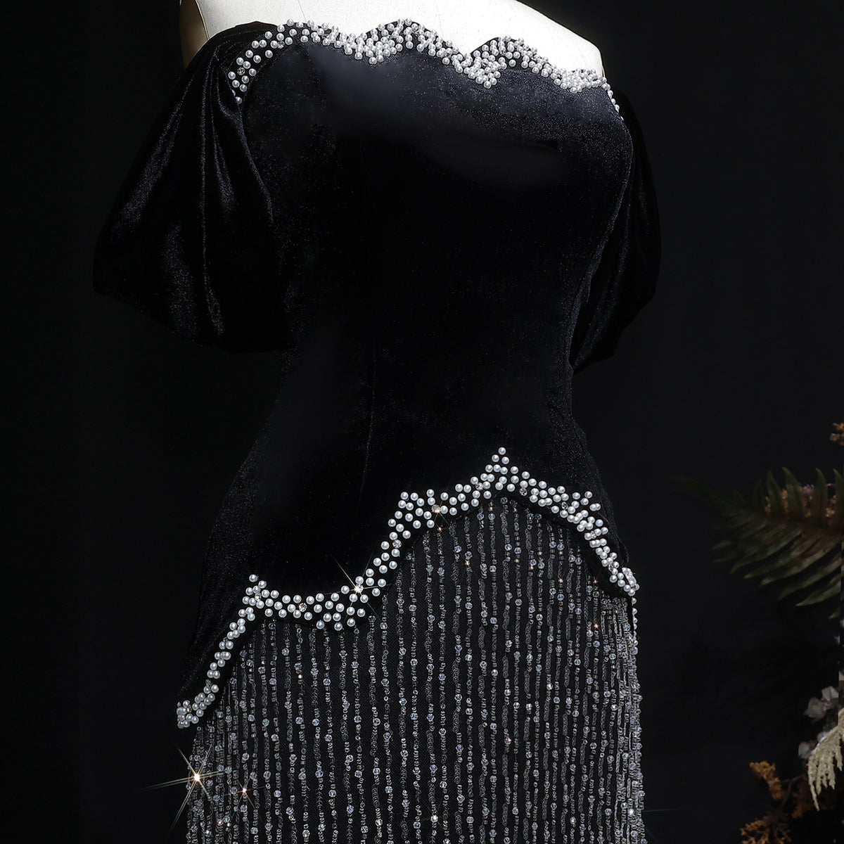 Luxury Black Off Shoulder Sequin Pearl Evening Dress SS615 