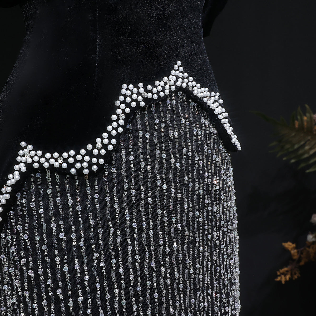 Luxury Black Off Shoulder Sequin Pearl Evening Dress SS615 