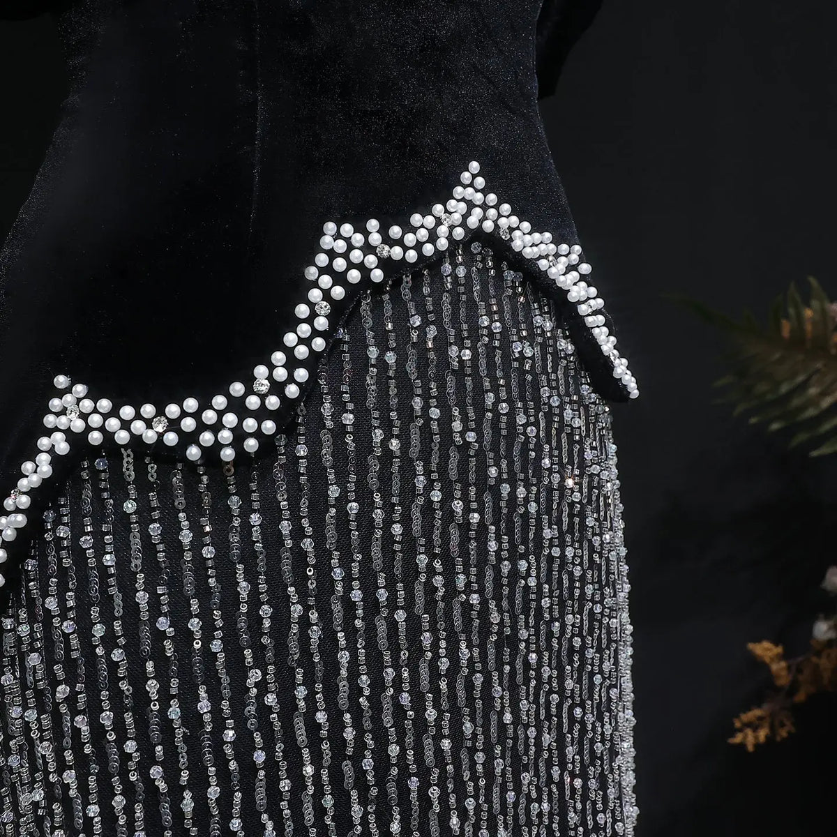 Luxury Black Off Shoulder Sequin Pearl Evening Dress SS615 