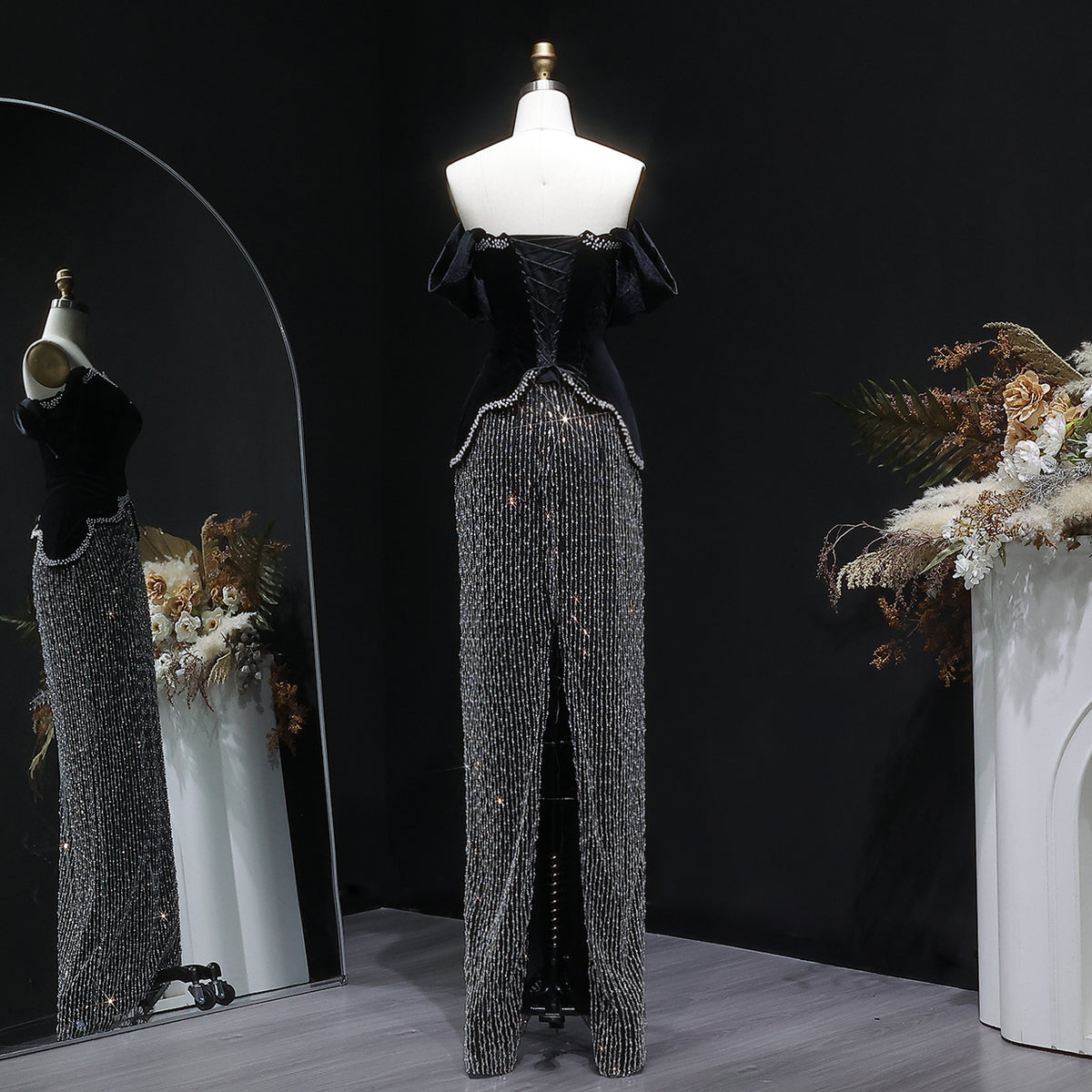 Luxury Black Off Shoulder Sequin Pearl Evening Dress SS615 