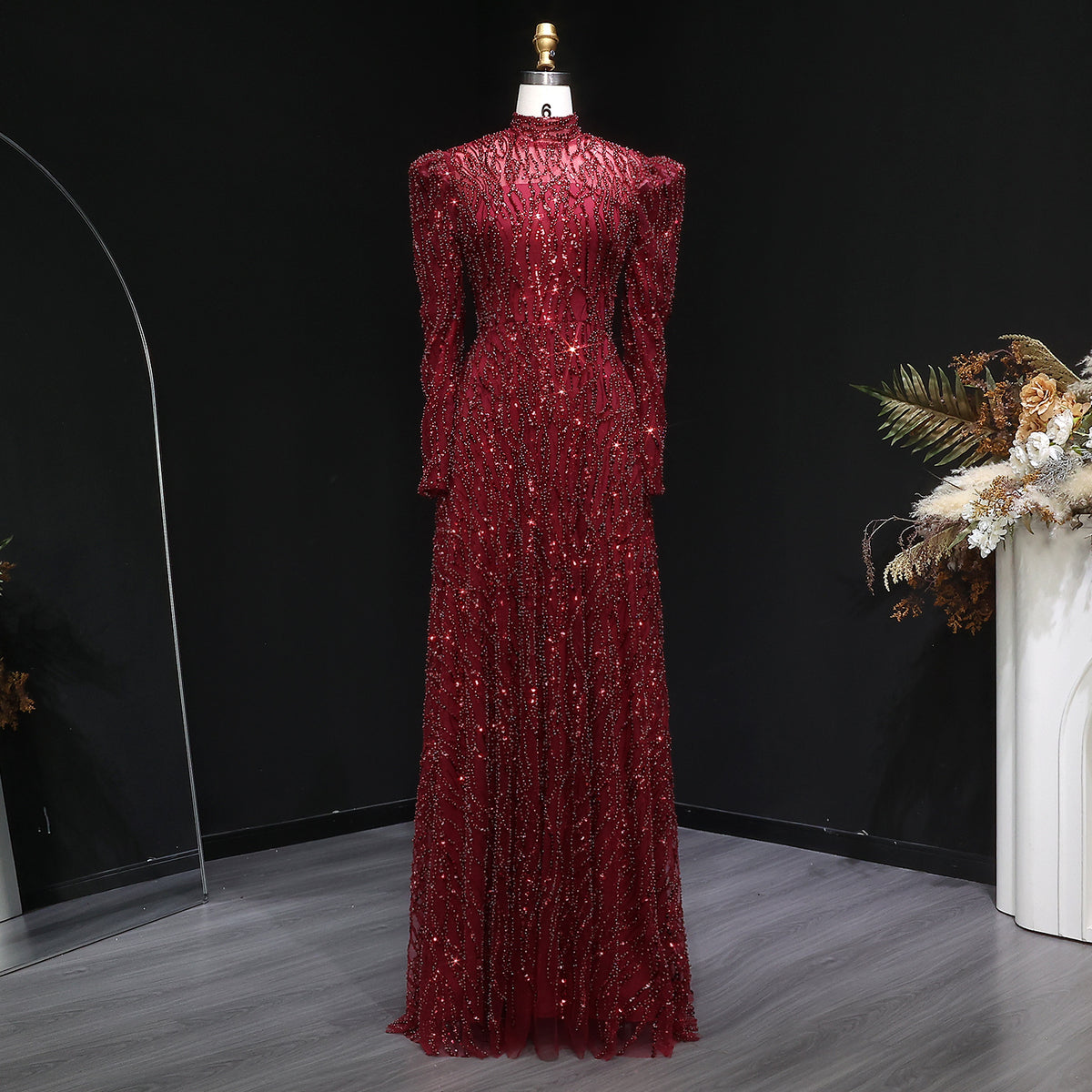 Luxury Wine Red Beaded Sequin Long Sleeve Evening Dress SS618 
