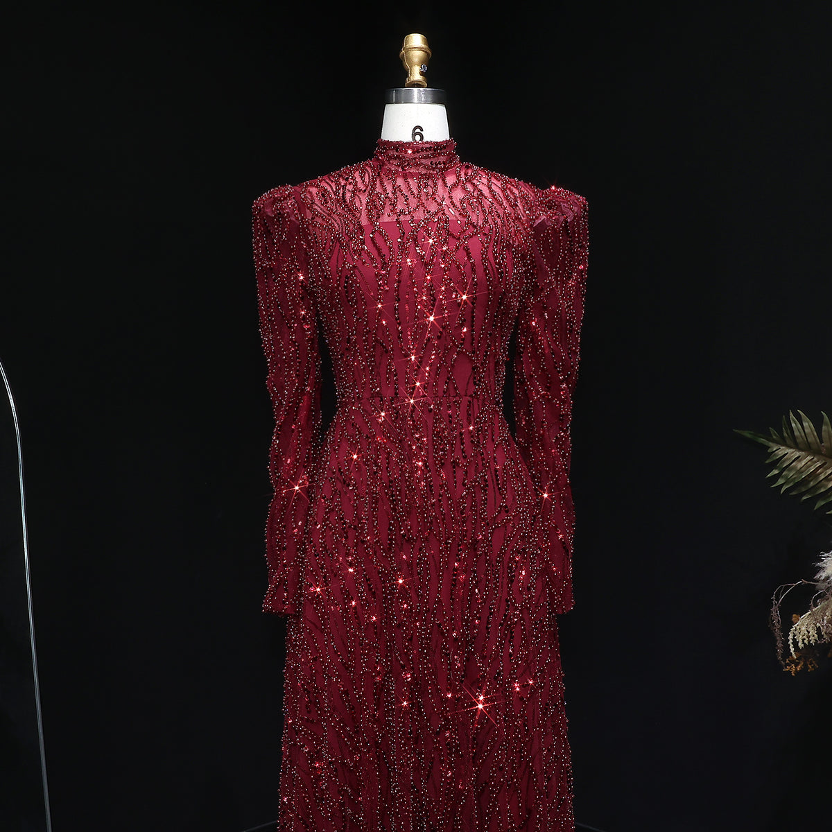 Luxury Wine Red Beaded Sequin Long Sleeve Evening Dress SS618 
