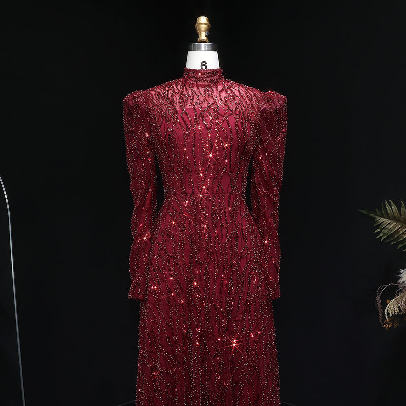 Luxury Wine Red Beaded Sequin Long Sleeve Evening Dress SS618 