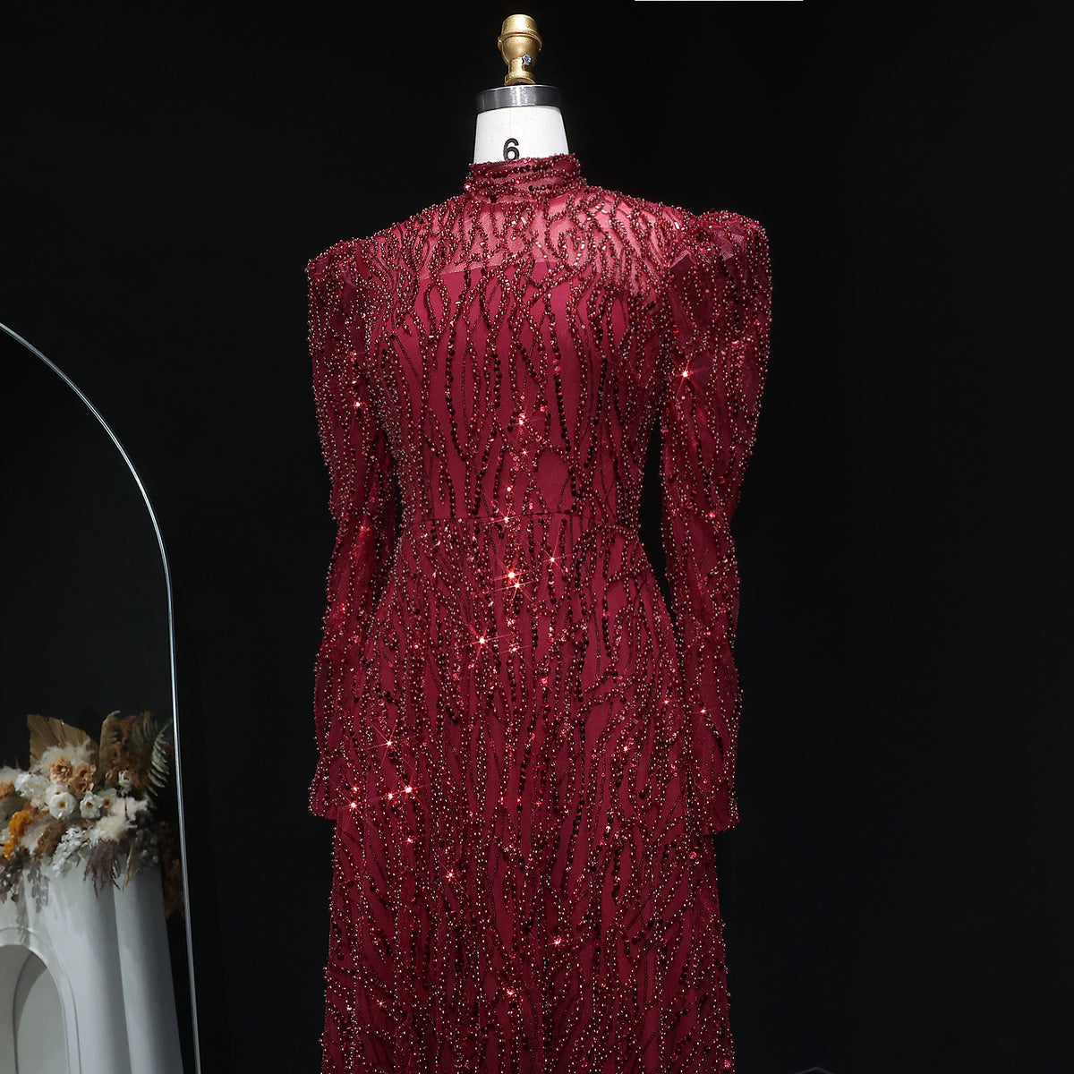 Luxury Wine Red Beaded Sequin Long Sleeve Evening Dress SS618 