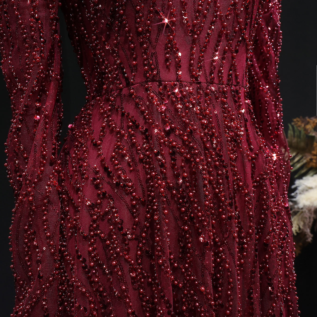 Luxury Wine Red Beaded Sequin Long Sleeve Evening Dress SS618 