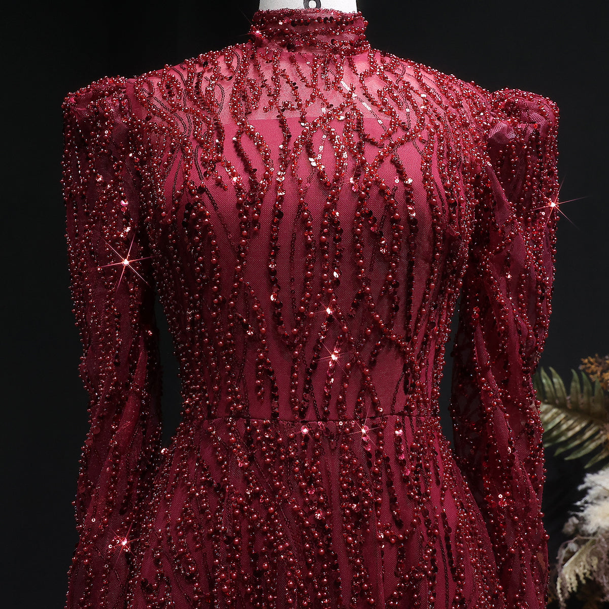 Luxury Wine Red Beaded Sequin Long Sleeve Evening Dress SS618 