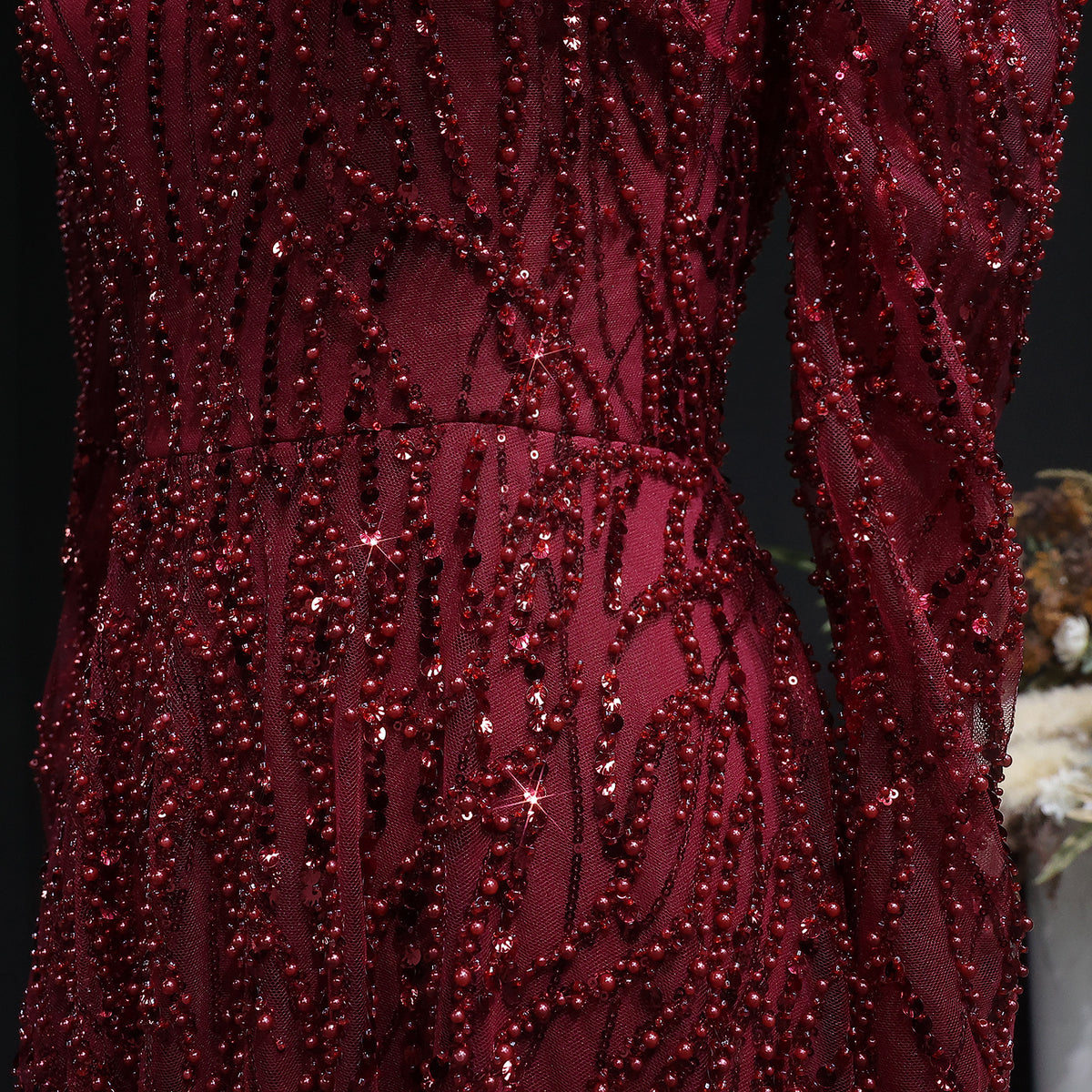 Luxury Wine Red Beaded Sequin Long Sleeve Evening Dress SS618 