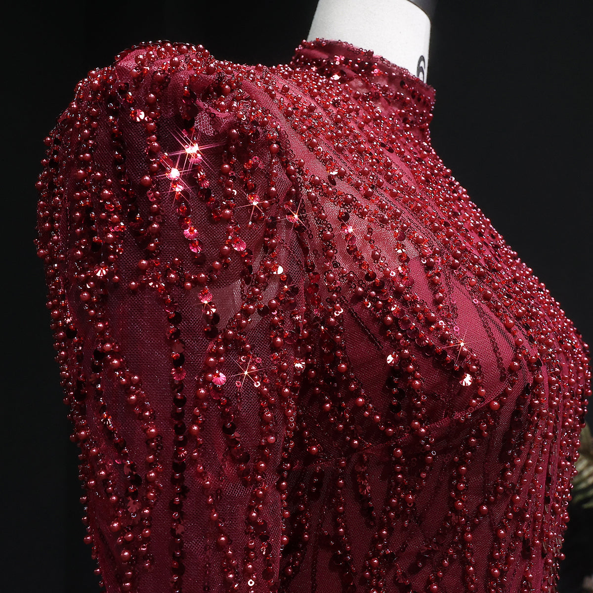 Luxury Wine Red Beaded Sequin Long Sleeve Evening Dress SS618 