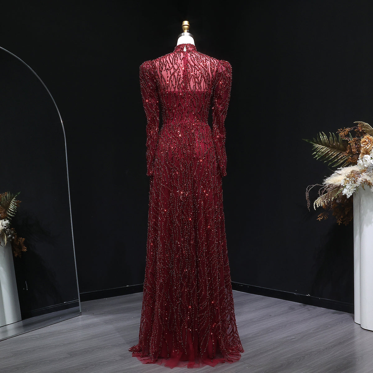 Luxury Wine Red Beaded Sequin Long Sleeve Evening Dress SS618 