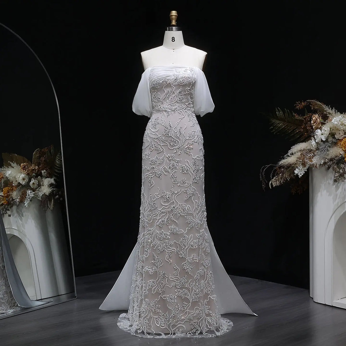 Elegant Ivory Sequin Off Shoulder Embroidered Evening Dress SS622 