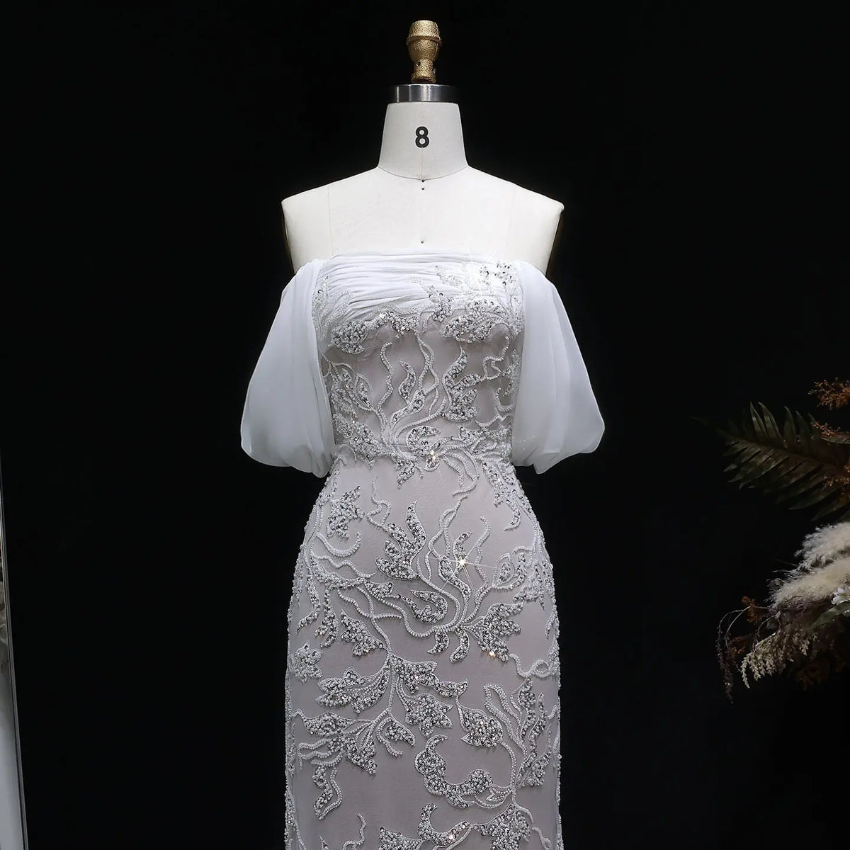 Elegant Ivory Sequin Off Shoulder Embroidered Evening Dress SS622 