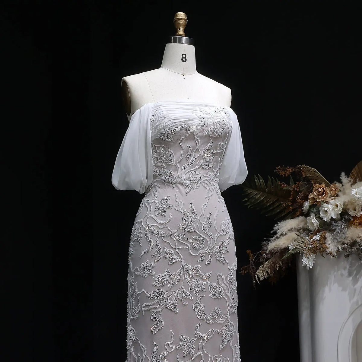 Elegant Ivory Sequin Off Shoulder Embroidered Evening Dress SS622 