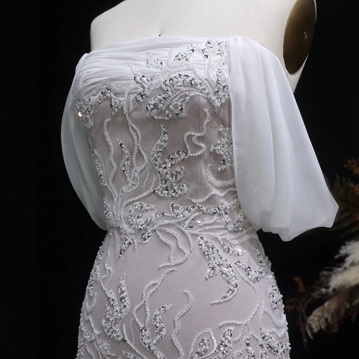 Elegant Ivory Sequin Off Shoulder Embroidered Evening Dress SS622 