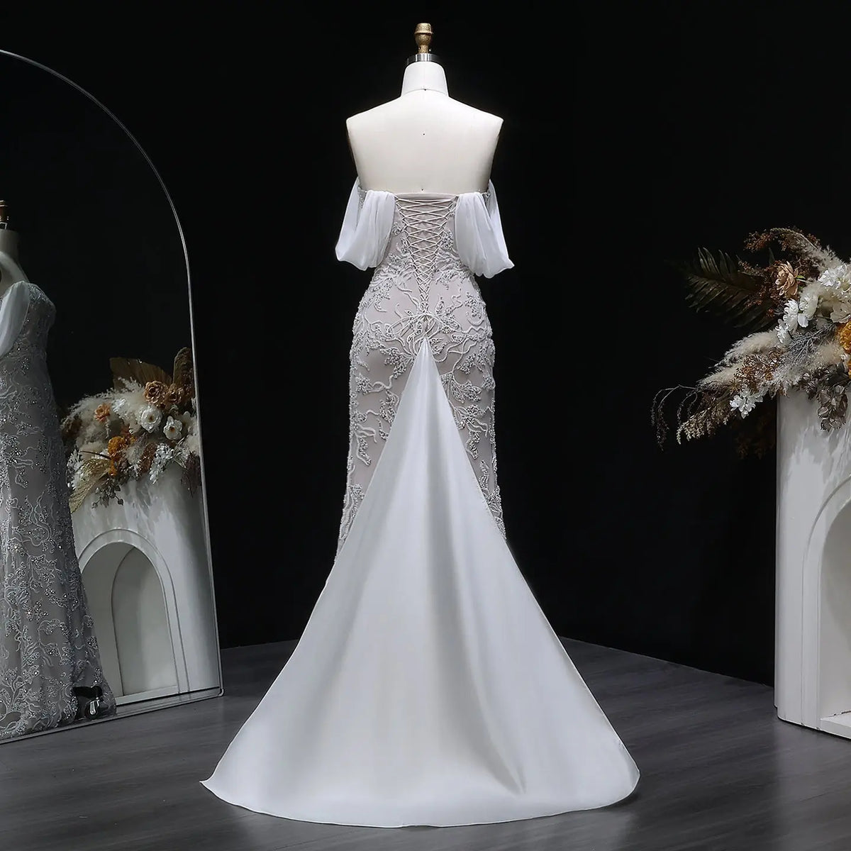 Elegant Ivory Sequin Off Shoulder Embroidered Evening Dress SS622 