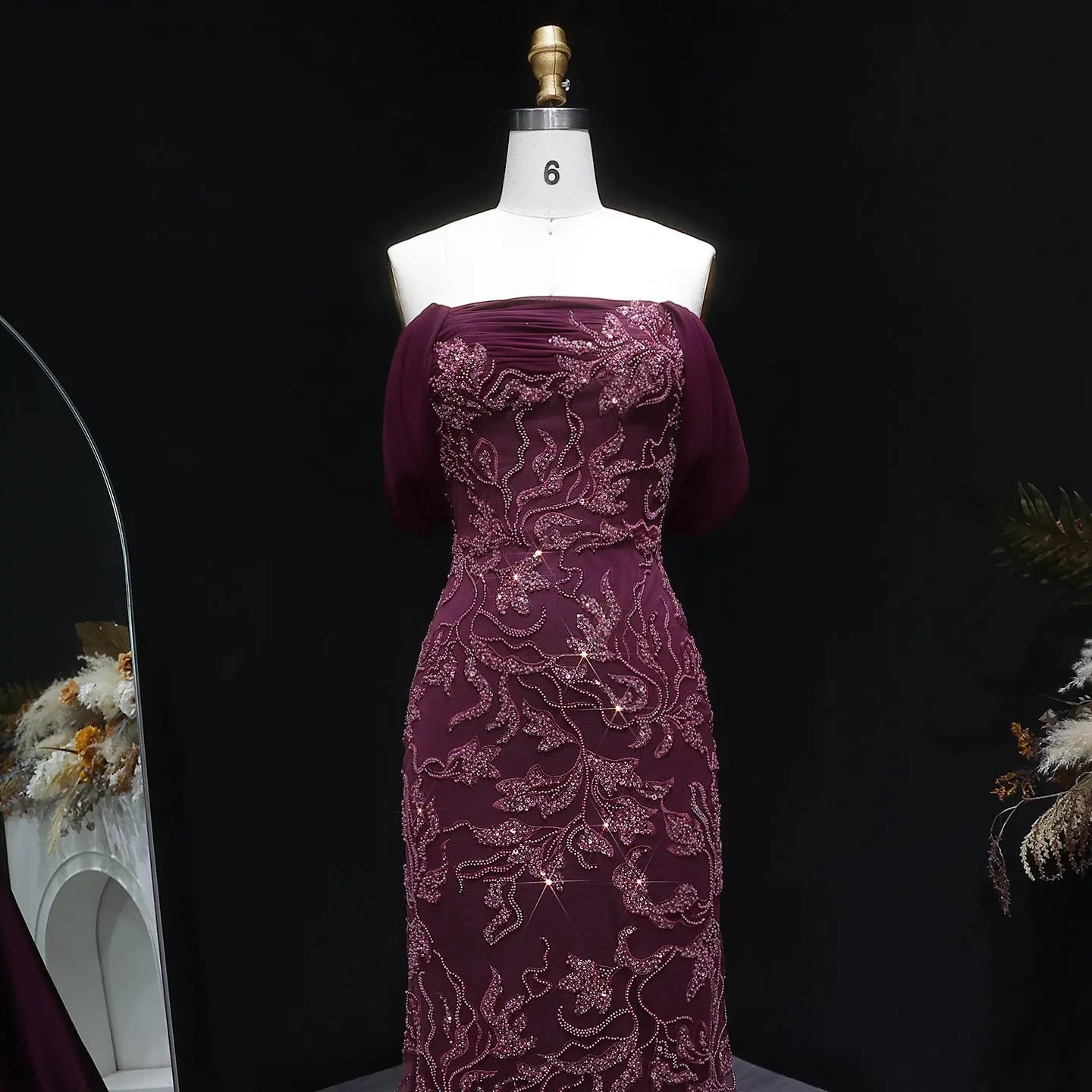 Elegant Ivory Sequin Off Shoulder Embroidered Evening Dress SS622