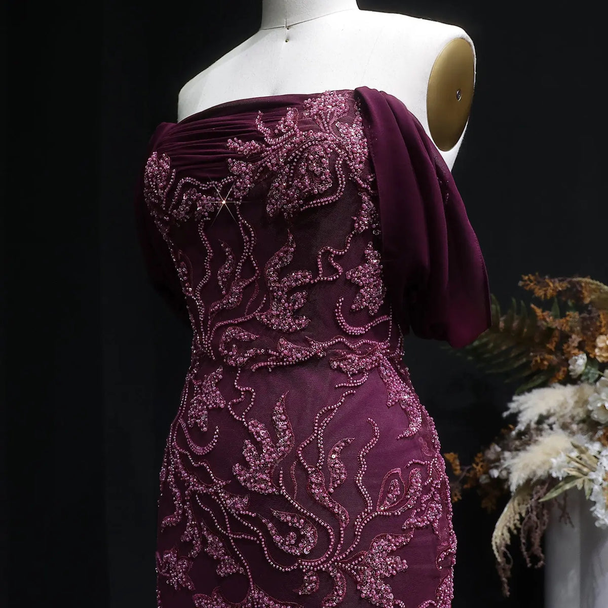 Elegant Ivory Sequin Off Shoulder Embroidered Evening Dress SS622 