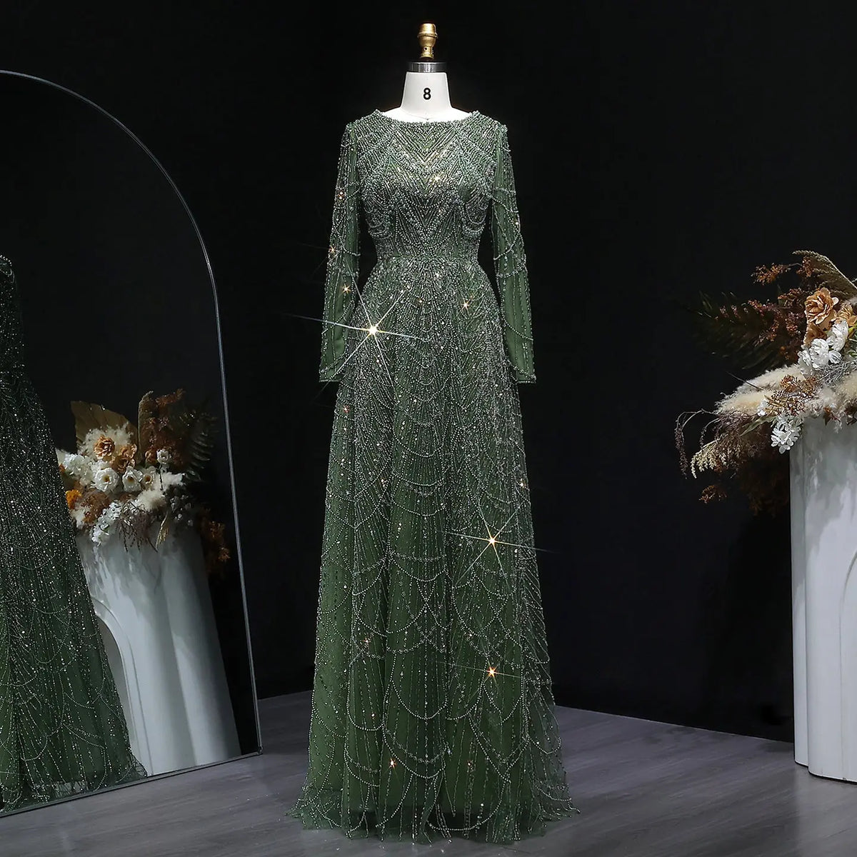 Luxury Green Sequin Beaded Shiny Long Sleeve Evening Dress SS625 Luxury Green Sequin Beaded Shiny Long Sleeve Evening Dress SS625