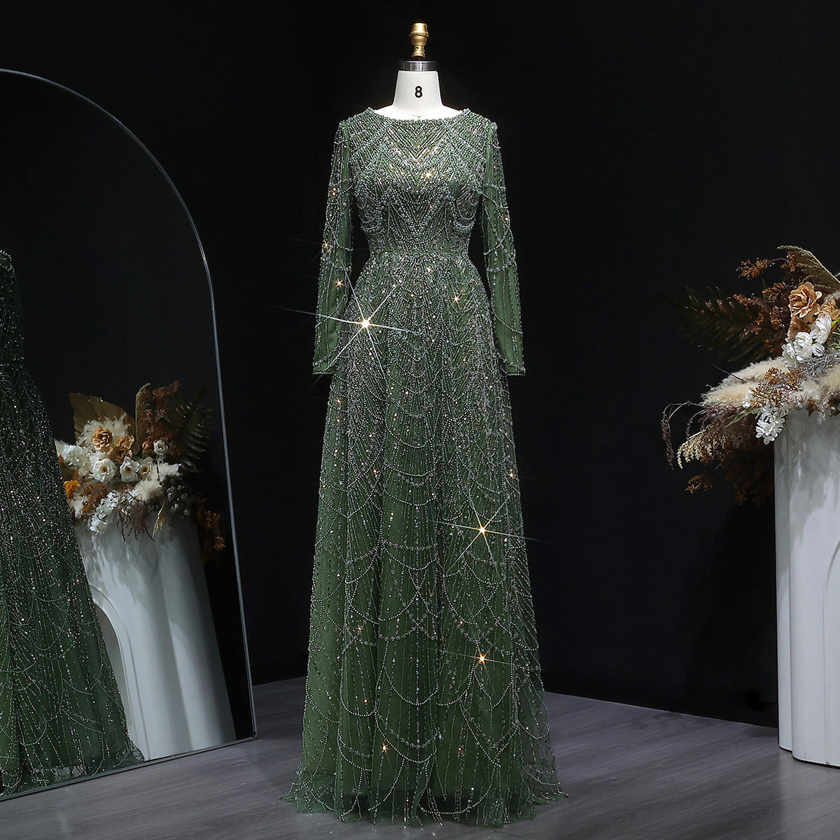 Luxury Green Sequin Beaded Shiny Long Sleeve Evening Dress SS625 