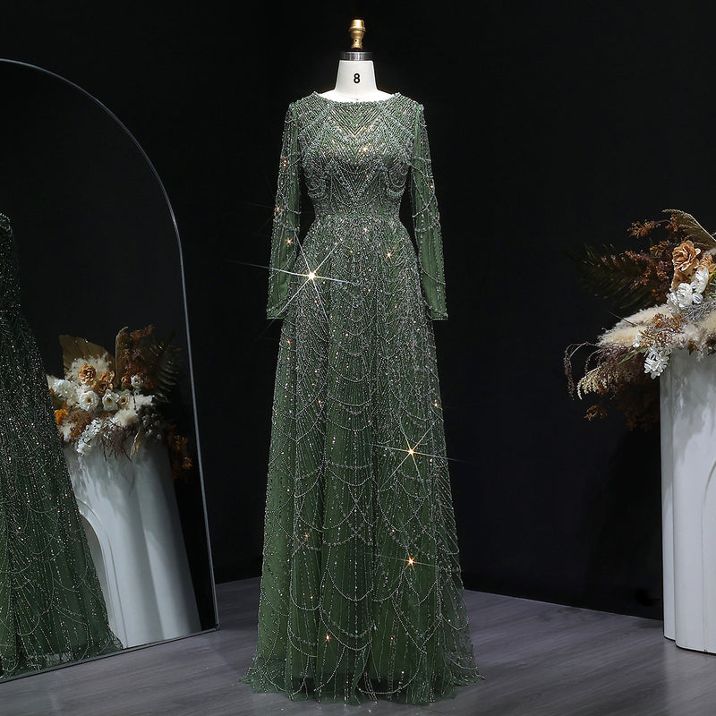 Luxury Green Sequin Beaded Shiny Long Sleeve Evening Dress SS625 