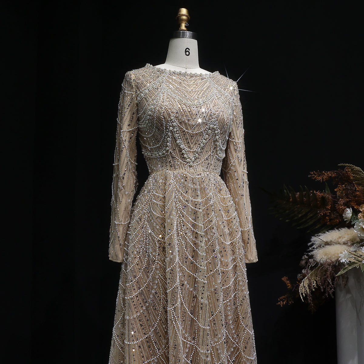 Luxury Green Sequin Beaded Shiny Long Sleeve Evening Dress SS625 