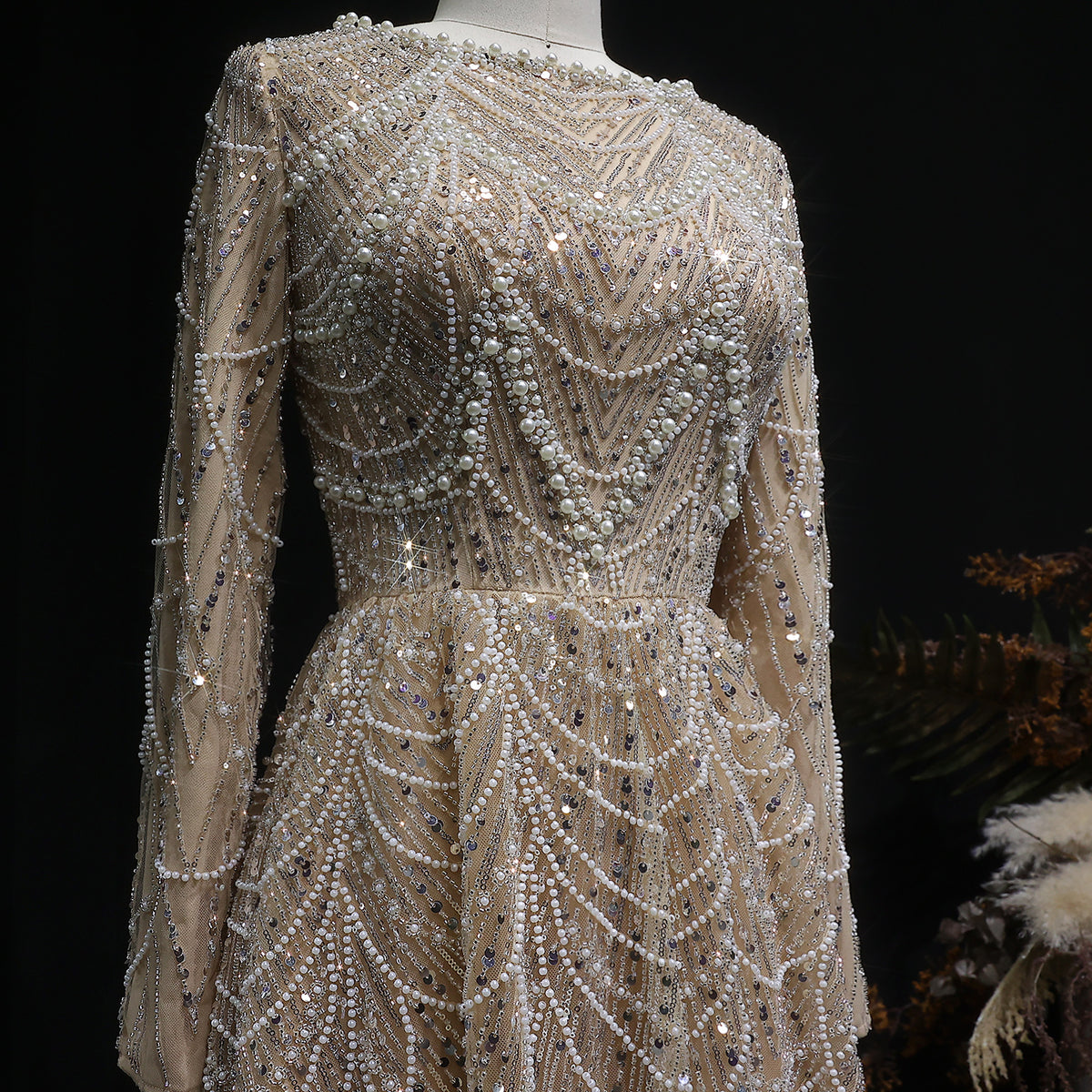 Luxury Green Sequin Beaded Shiny Long Sleeve Evening Dress SS625 