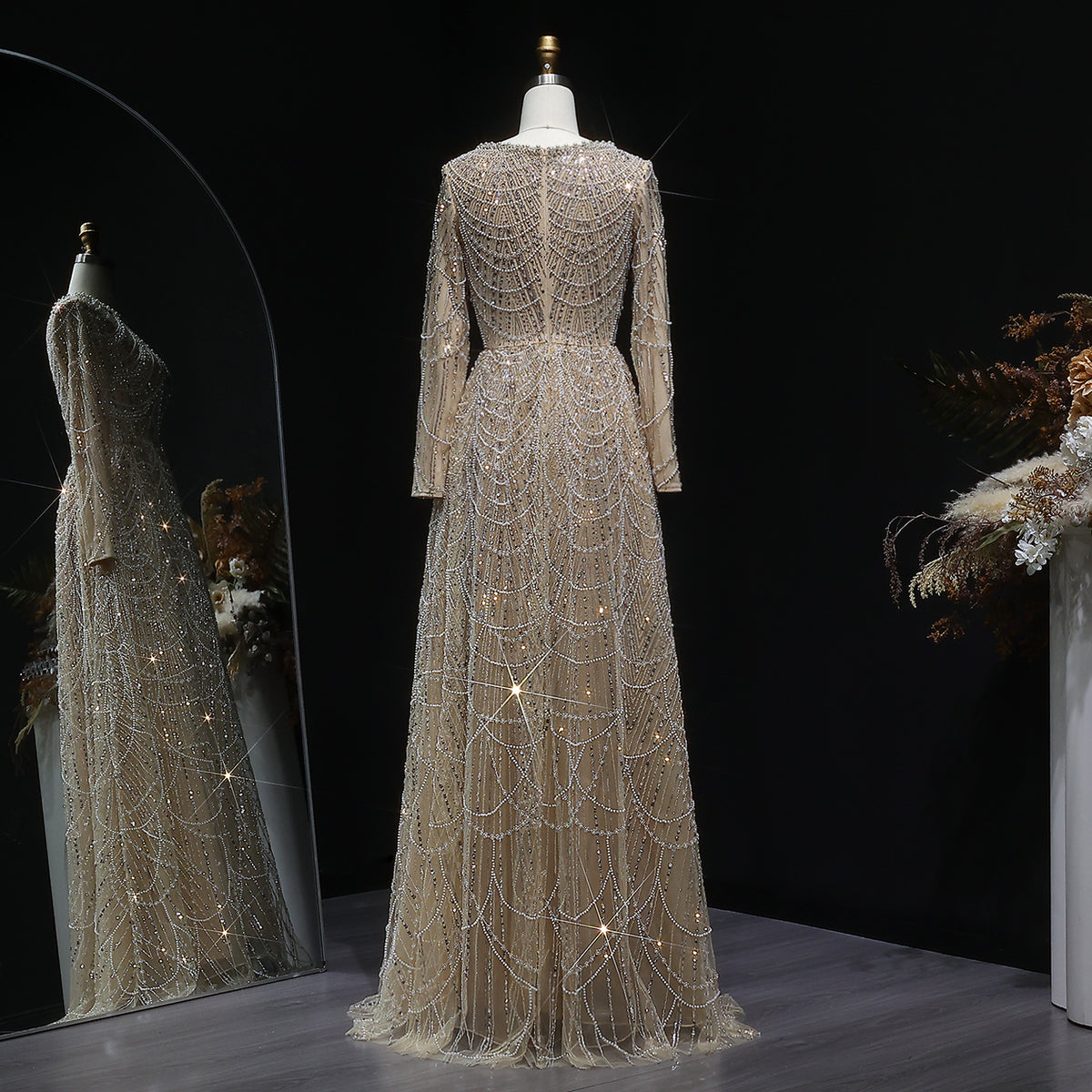 Luxury Green Sequin Beaded Shiny Long Sleeve Evening Dress SS625 