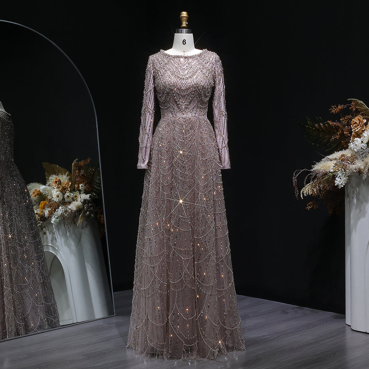 Luxury Green Sequin Beaded Shiny Long Sleeve Evening Dress SS625 