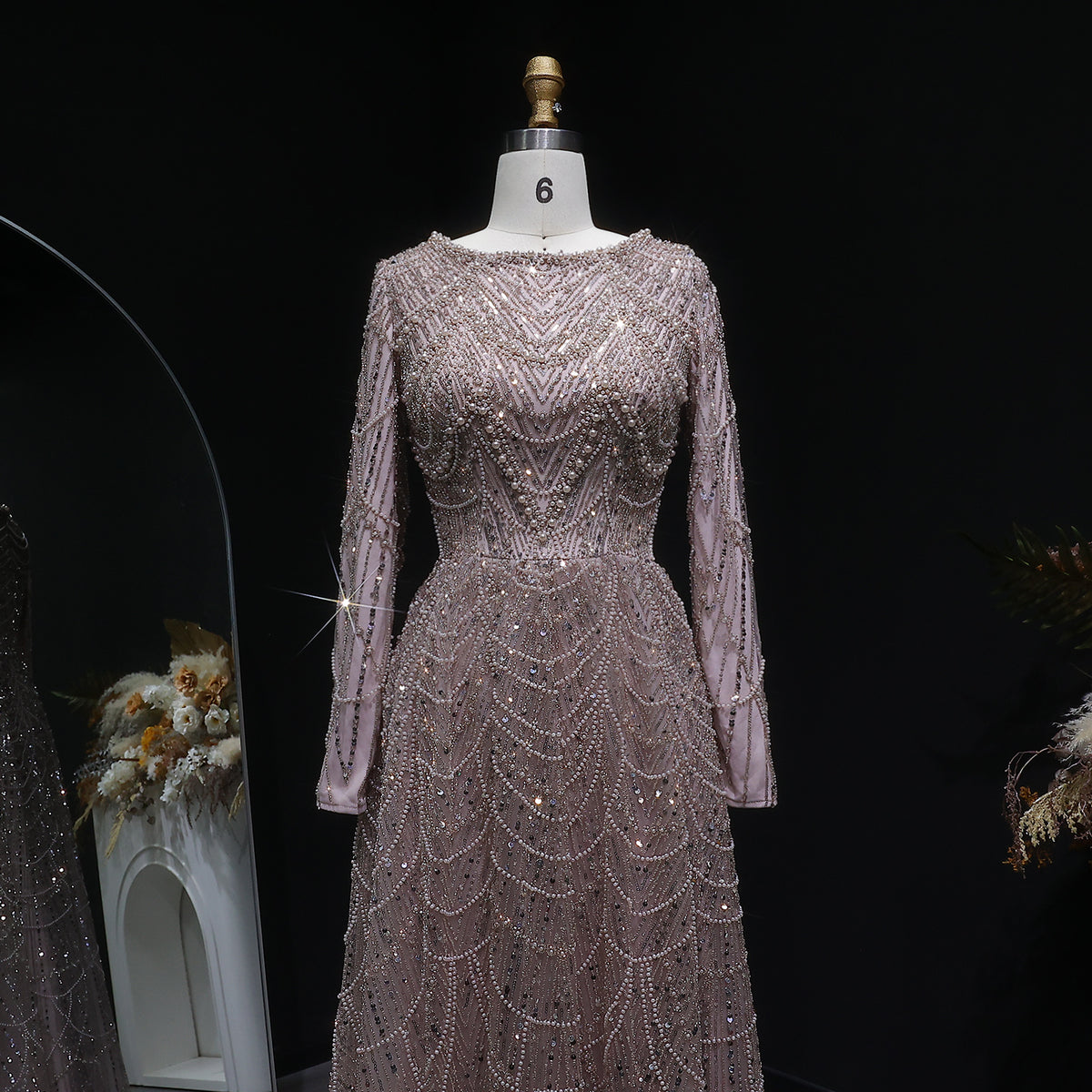 Luxury Green Sequin Beaded Shiny Long Sleeve Evening Dress SS625 