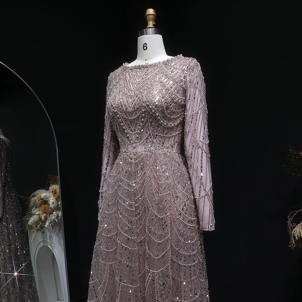 Luxury Green Sequin Beaded Shiny Long Sleeve Evening Dress SS625 