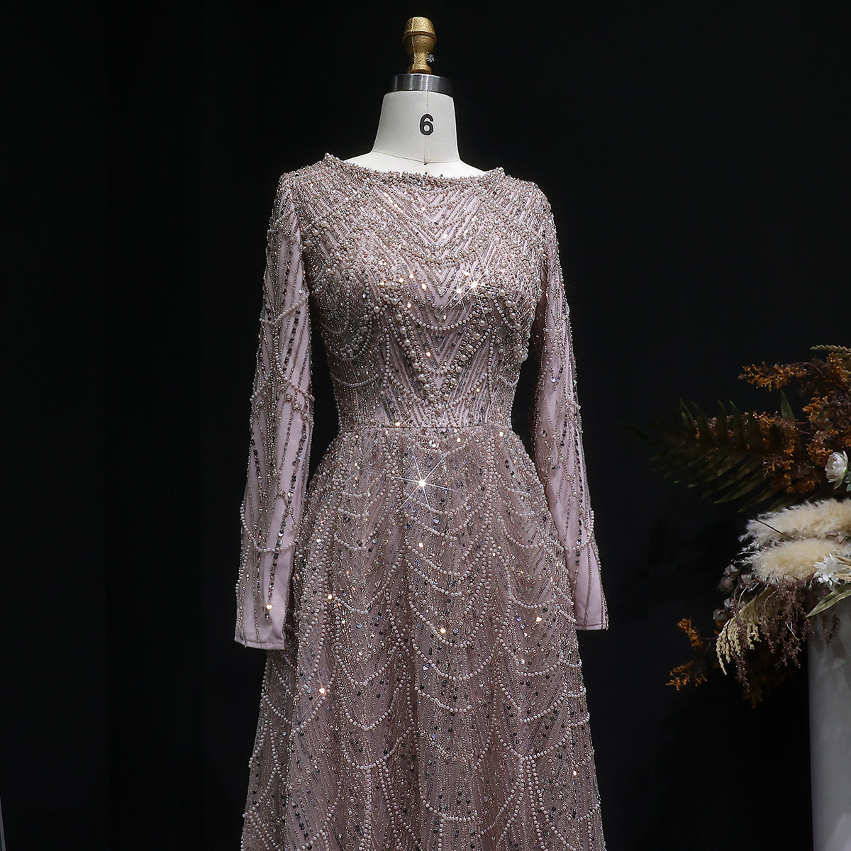 Luxury Green Sequin Beaded Shiny Long Sleeve Evening Dress SS625 