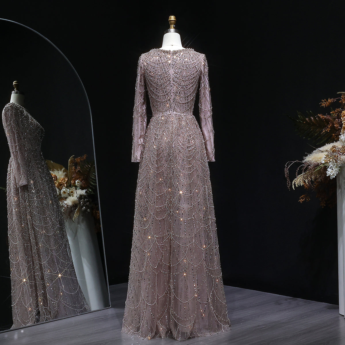 Luxury Green Sequin Beaded Shiny Long Sleeve Evening Dress SS625 