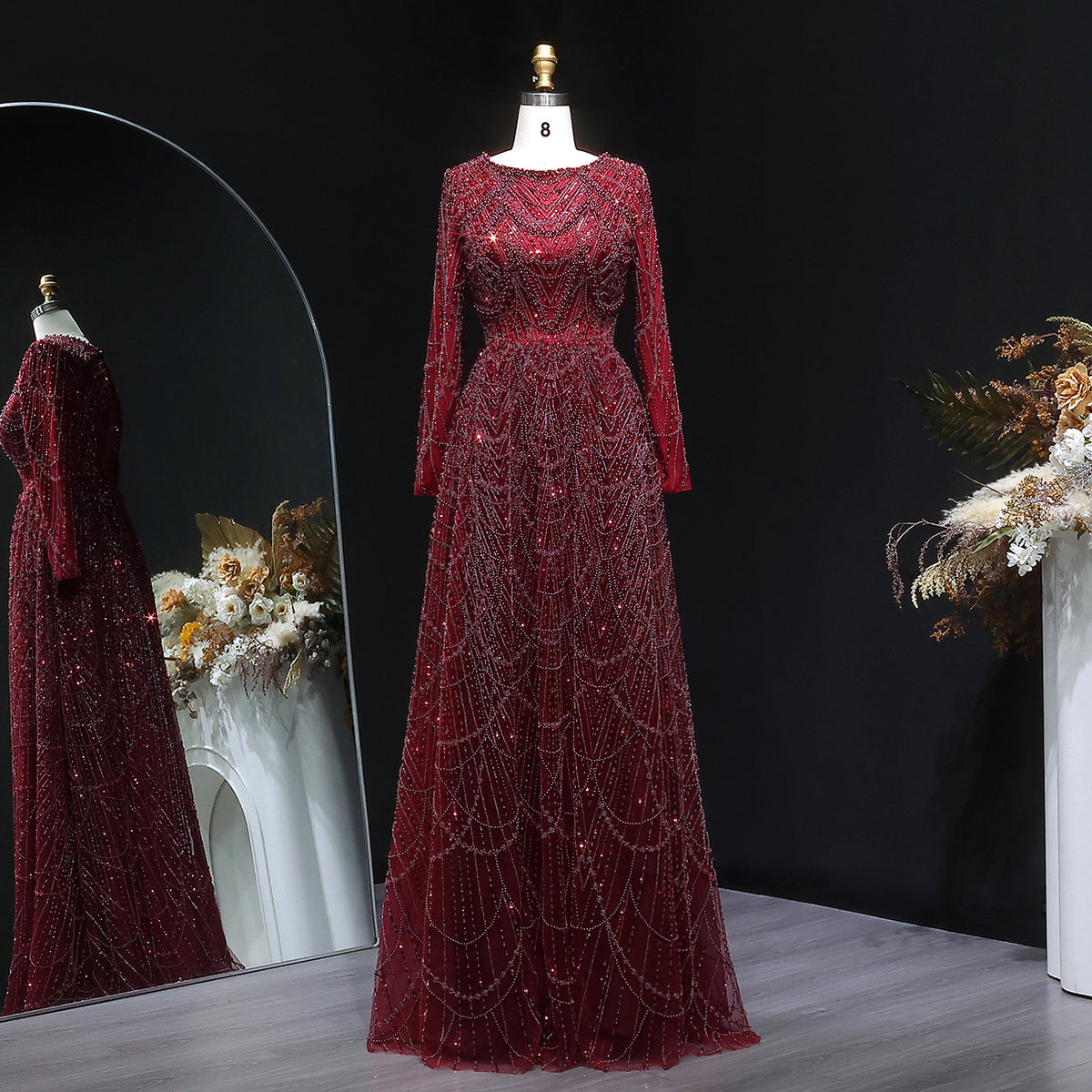 Luxury Green Sequin Beaded Shiny Long Sleeve Evening Dress SS625 