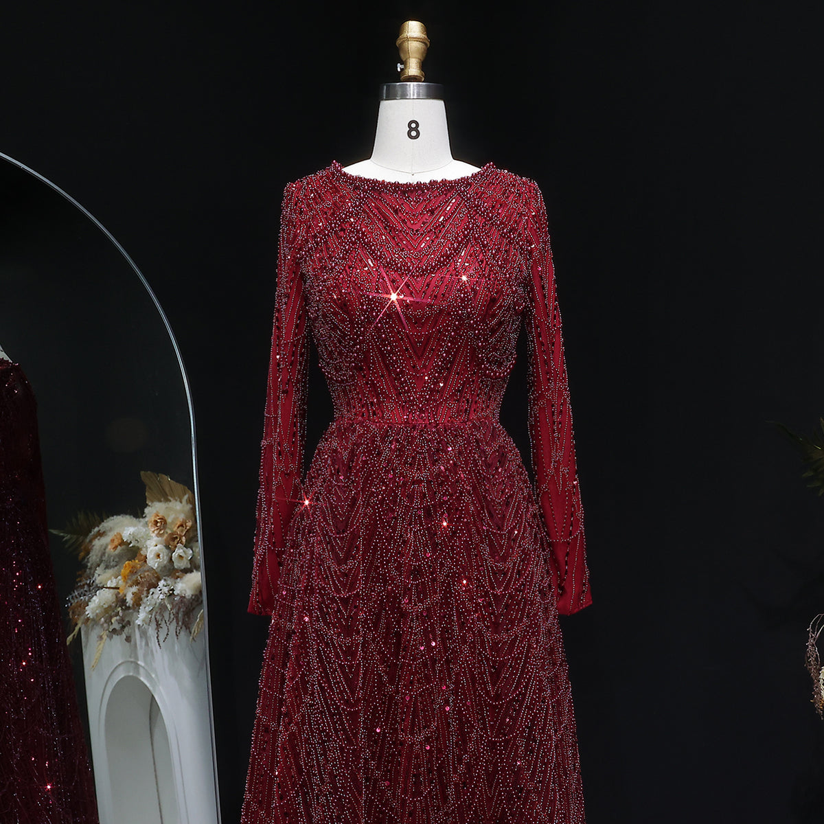 Luxury Green Sequin Beaded Shiny Long Sleeve Evening Dress SS625 