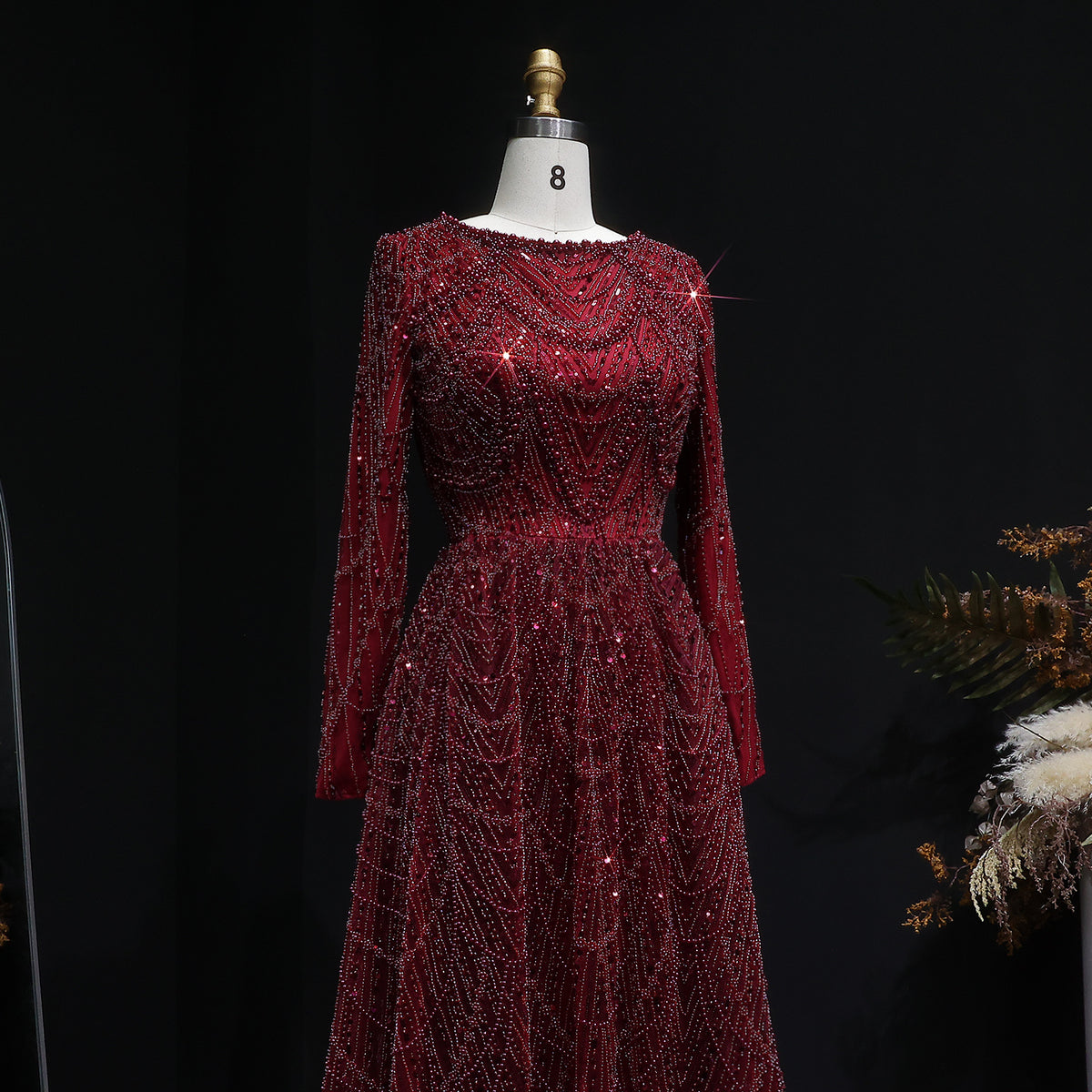 Luxury Green Sequin Beaded Shiny Long Sleeve Evening Dress SS625 