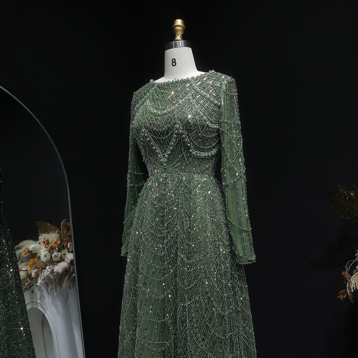 Luxury Green Sequin Beaded Shiny Long Sleeve Evening Dress SS625 