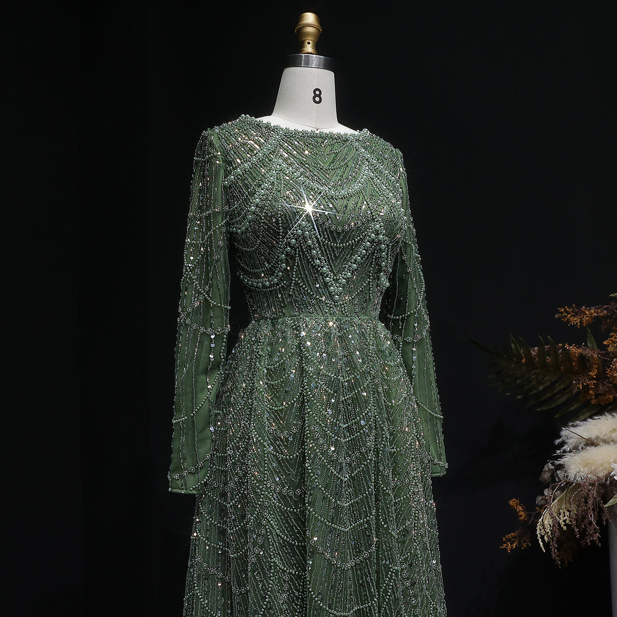 Luxury Green Sequin Beaded Shiny Long Sleeve Evening Dress SS625 