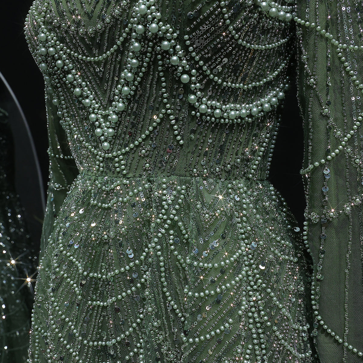 Luxury Green Sequin Beaded Shiny Long Sleeve Evening Dress SS625 