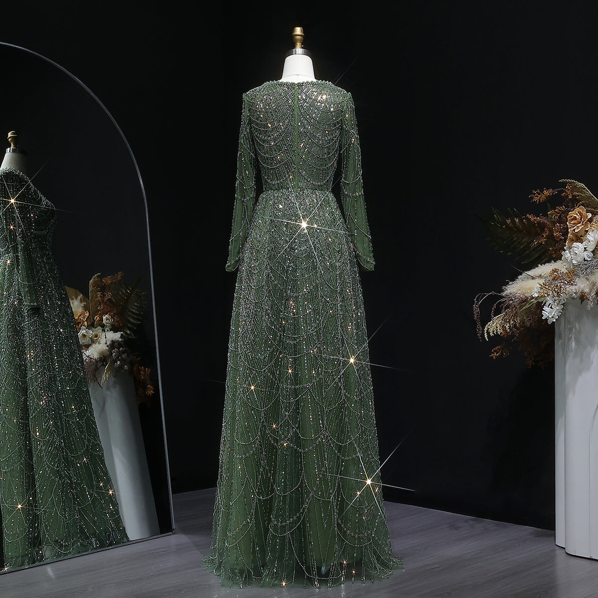 Luxury Green Sequin Beaded Shiny Long Sleeve Evening Dress SS625 