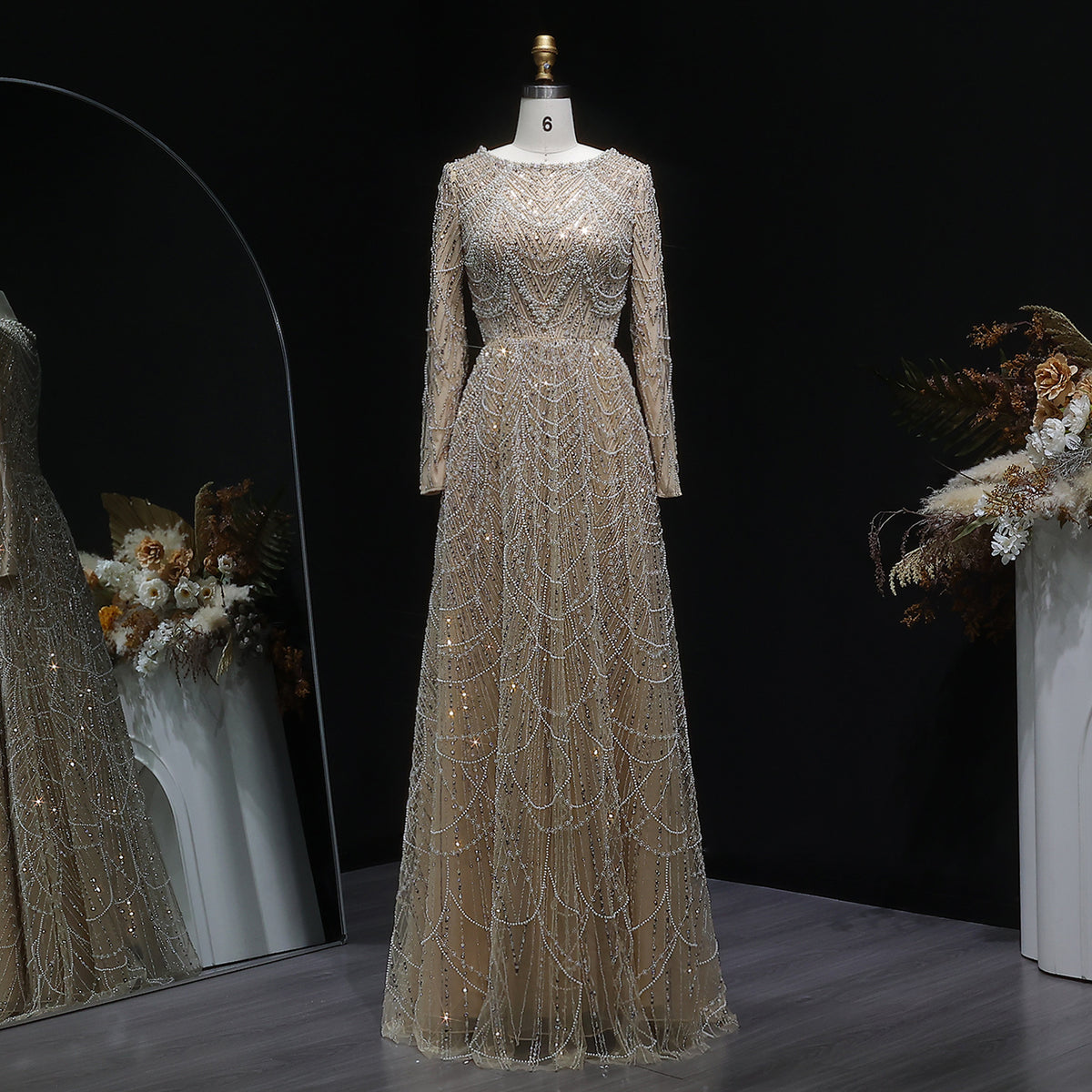 Luxury Green Sequin Beaded Shiny Long Sleeve Evening Dress SS625 