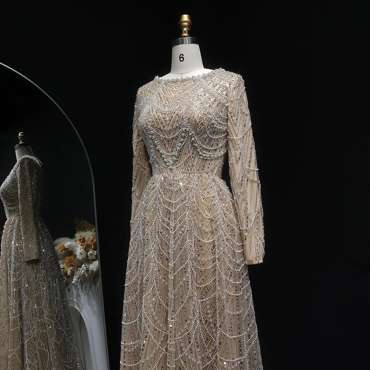 Luxury Green Sequin Beaded Shiny Long Sleeve Evening Dress SS625 