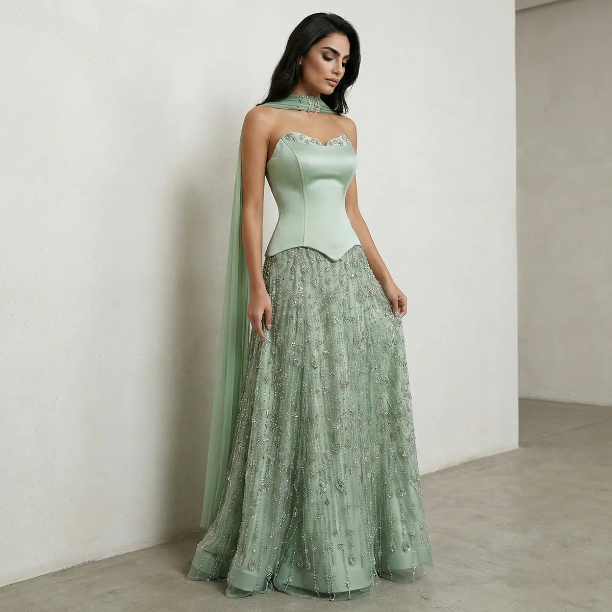 Luxury Vibrant Strapless Green Beaded Evening Dress with Scarf SS627 