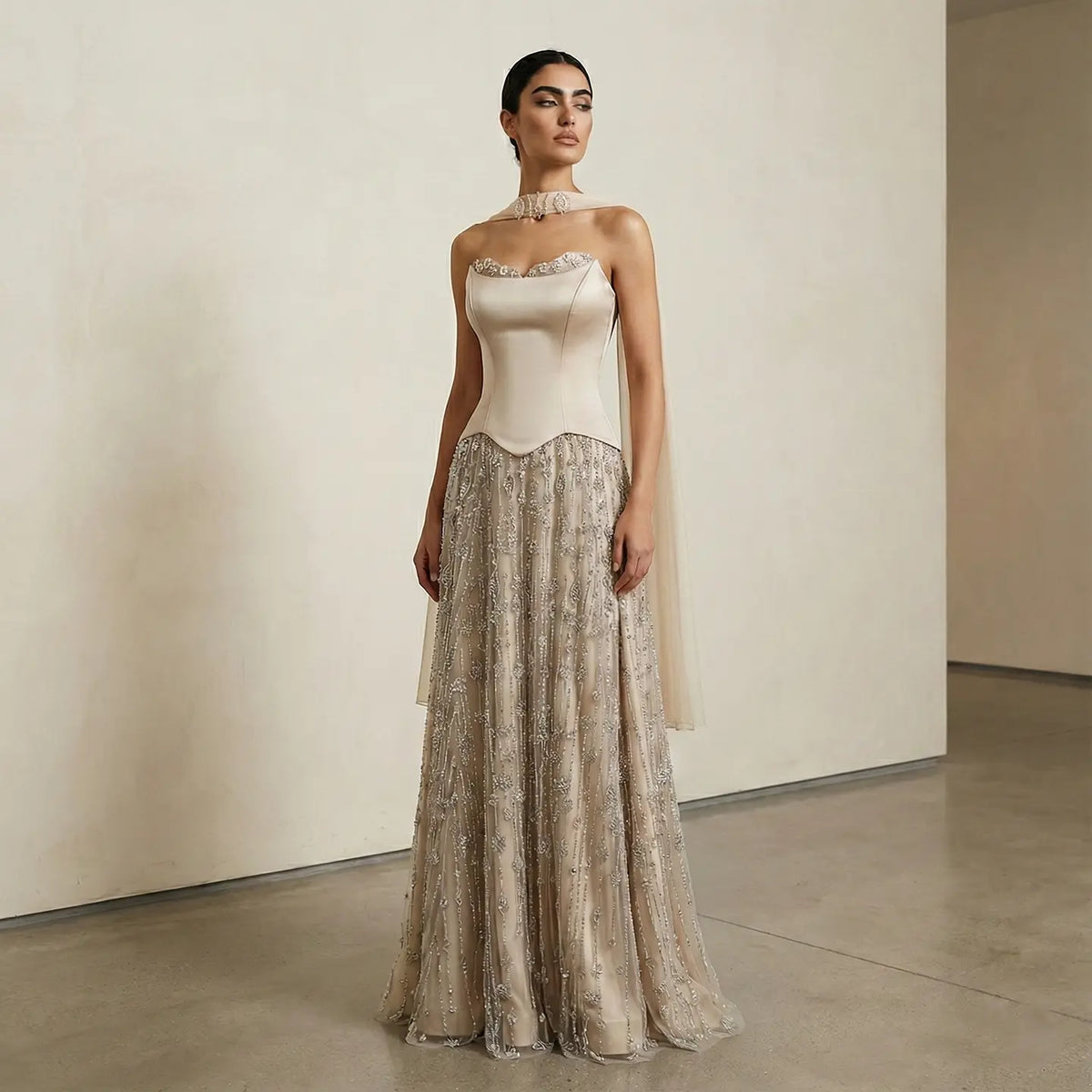 Luxury Vibrant Strapless Green Beaded Evening Dress with Scarf SS627 