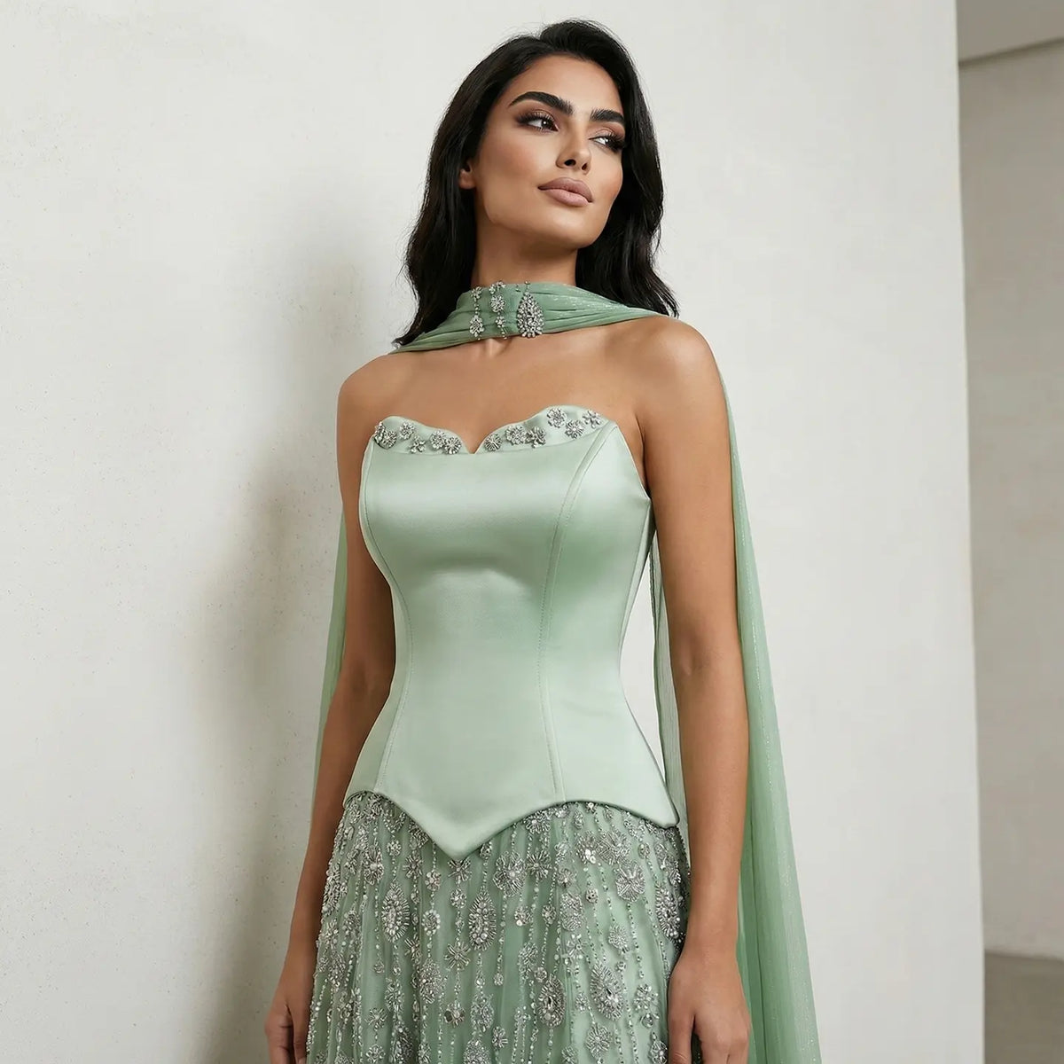 Luxury Vibrant Strapless Green Beaded Evening Dress with Scarf SS627 