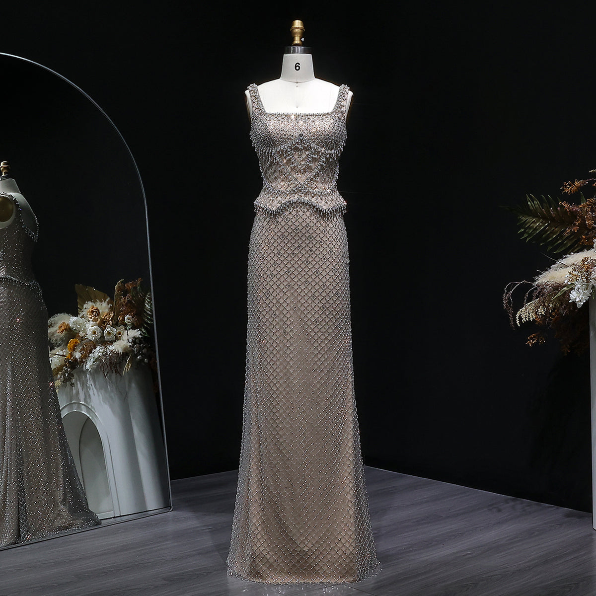 Luxury Gray Beaded Crystal Long Straight Evening Dress SS631 