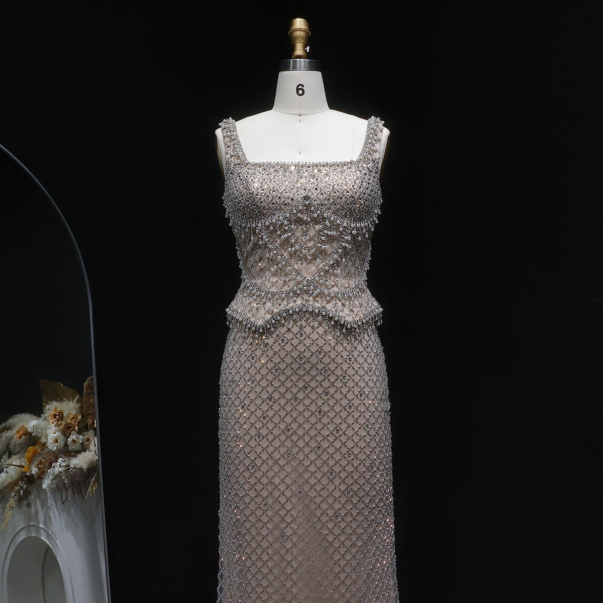 Luxury Gray Beaded Crystal Long Straight Evening Dress SS631 