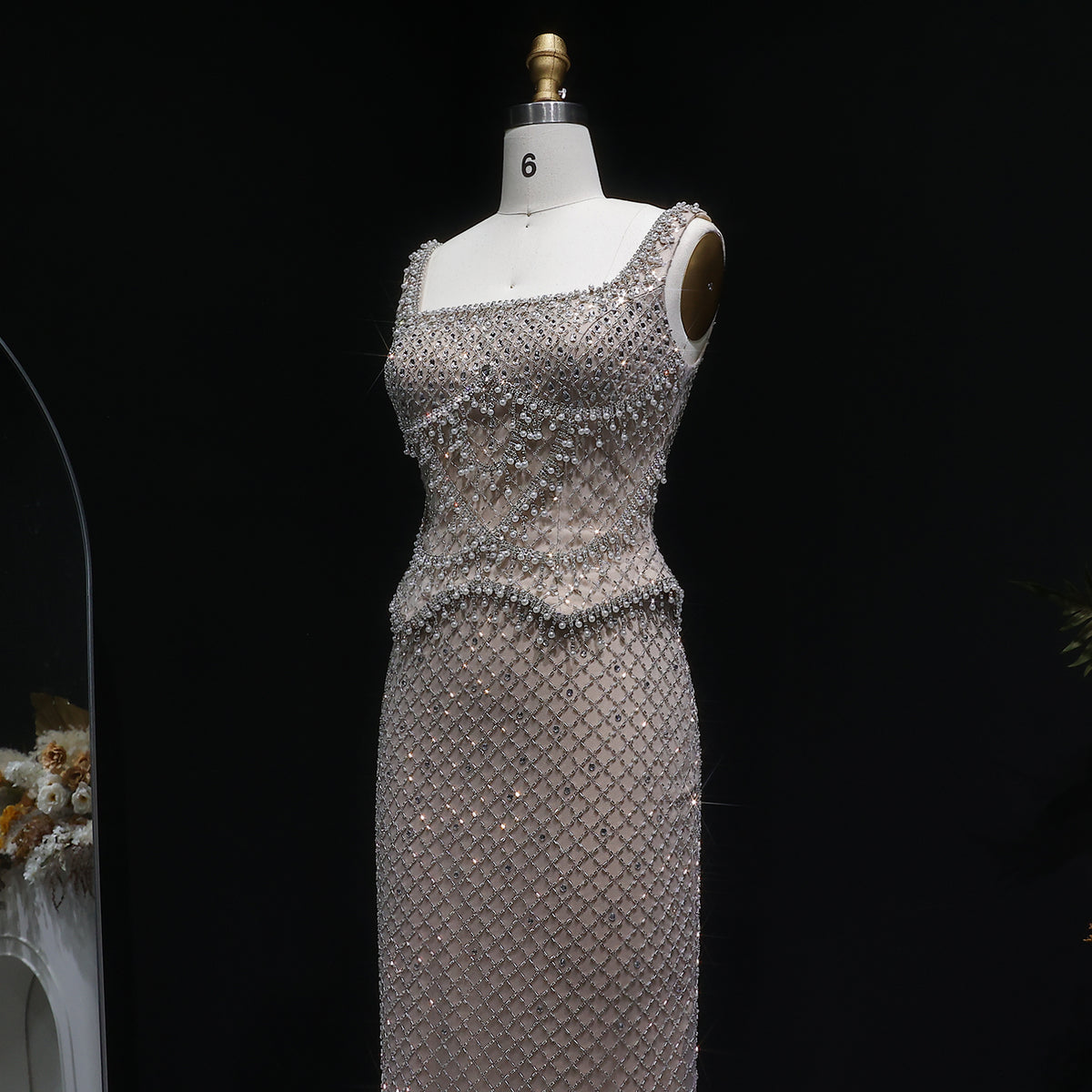 Luxury Gray Beaded Crystal Long Straight Evening Dress SS631 